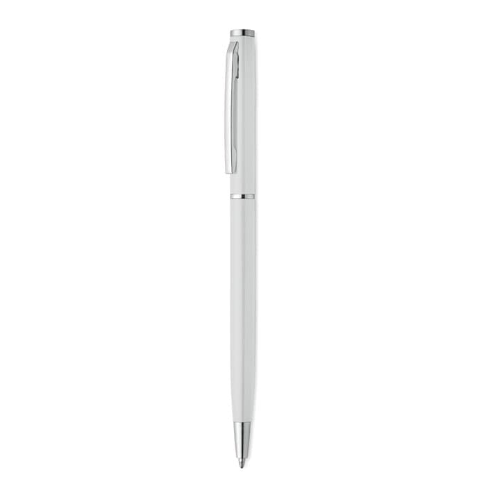 A pen with a white body and silver accents, featuring a clip and a polished finish.