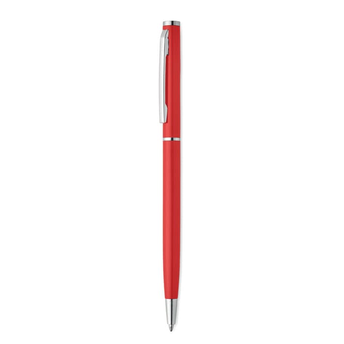 A red pen with a chrome clip and accents, featuring a sleek, modern design.