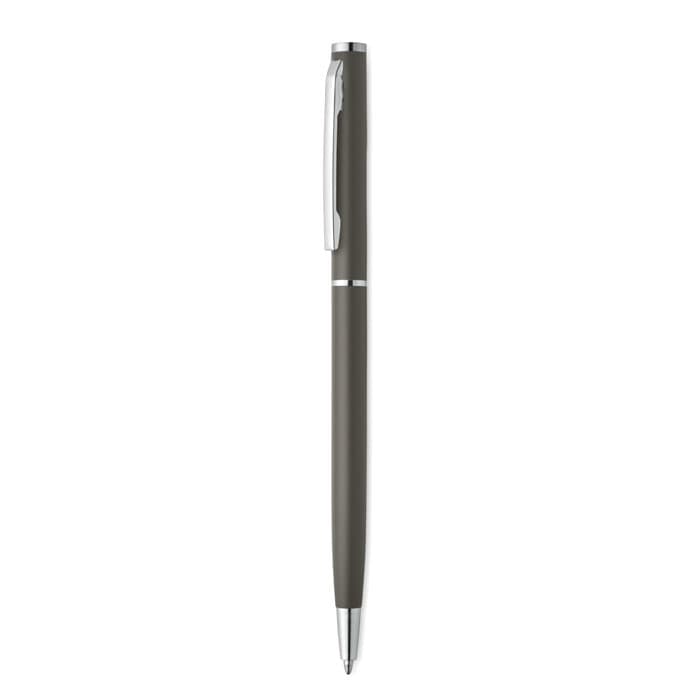 A pen with a sleek grey barrel and silver accents, featuring a clip and a polished tip.