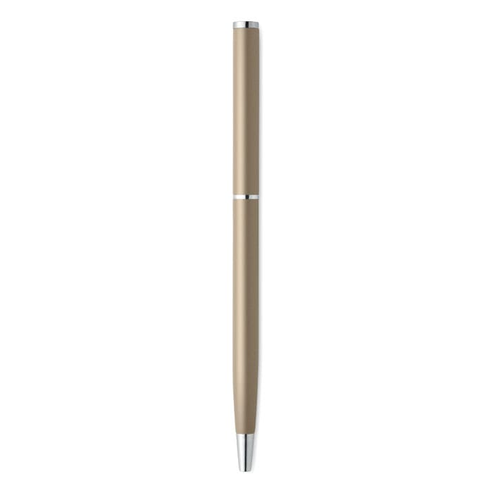 A pen in a sleek, gold-tone finish with silver accents, featuring a minimalist design.