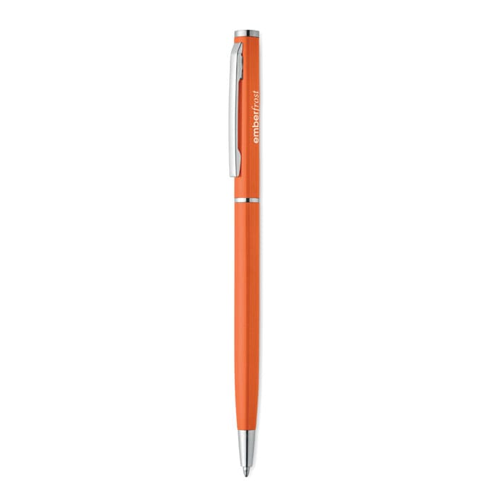 An orange pen with a sleek design and silver accents, featuring a branding logo on the barrel.