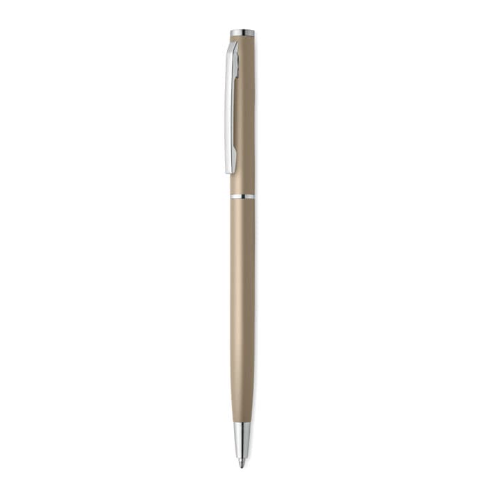 A pen with a tan barrel and silver accents, featuring a clip and a sleek design.