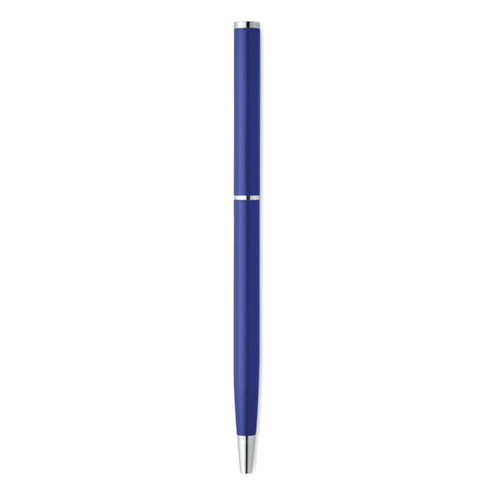 A pen in a vibrant blue colour featuring a sleek design and metallic accents. It has a branding logo near the top.