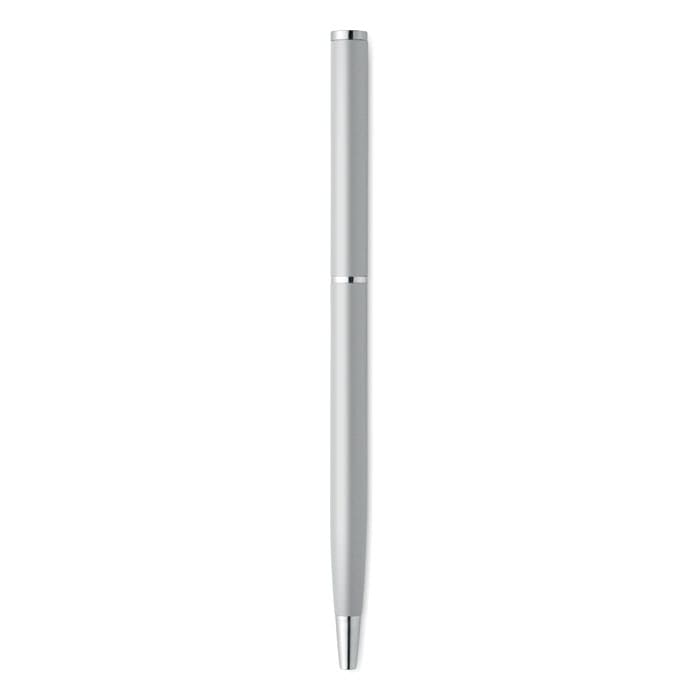 A pen in a sleek silver finish with a shiny chrome tip. It features a minimalist design and has a branding logo.