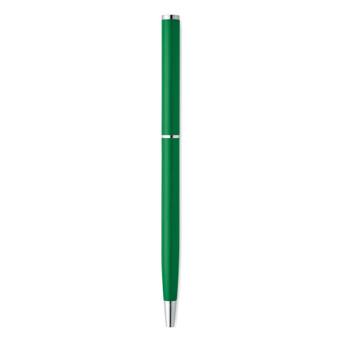 A green pen with a sleek design and silver accents, featuring a branding logo.