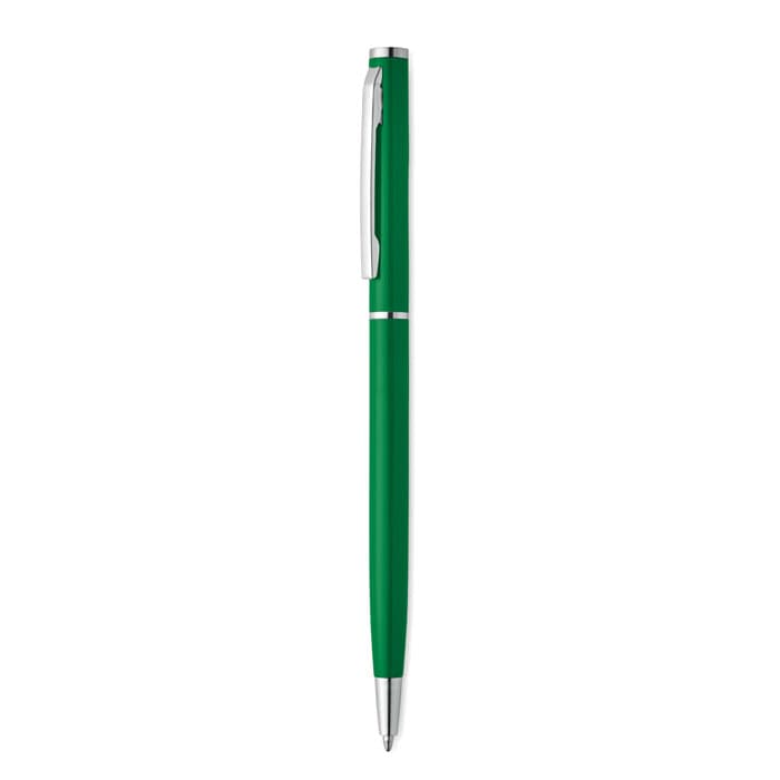 A green pen with a sleek design and silver accents, featuring a clip and a rounded tip.