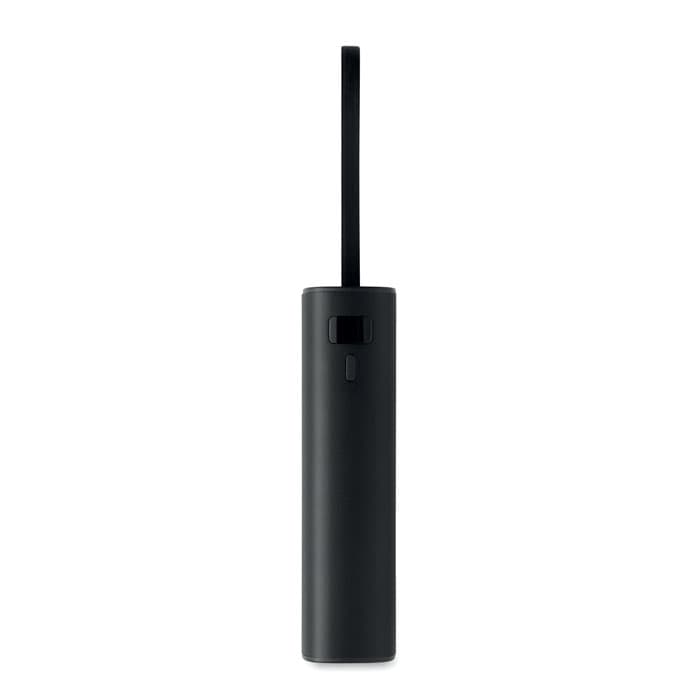 A drink bottle in matte black, featuring a sleek design and a logo on the side.