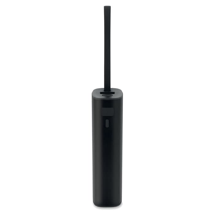A drink bottle in black with a sleek cylindrical design and a straw attached at the top. It features a logo.