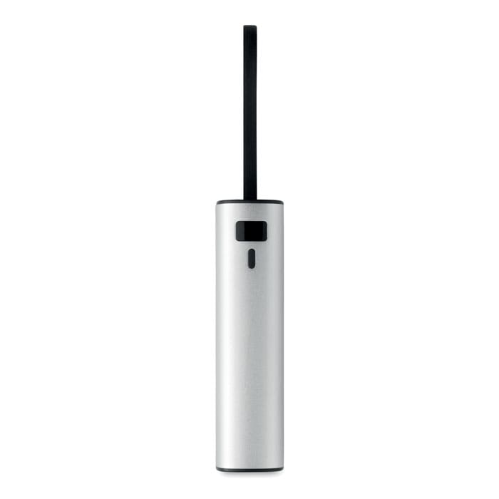 A drink bottle in silver with a black straw and a small logo on the side.