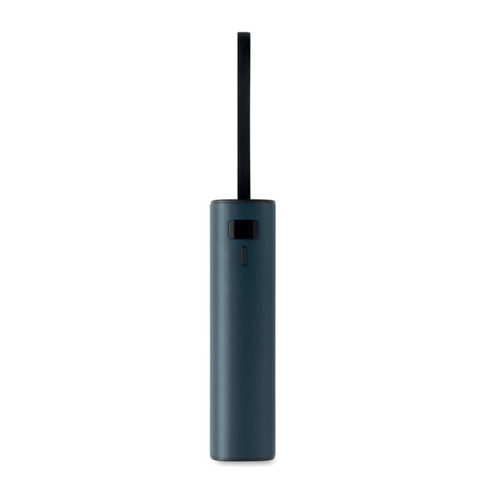 A drink bottle in dark blue with a black straw and a simple design, featuring a logo on its side.
