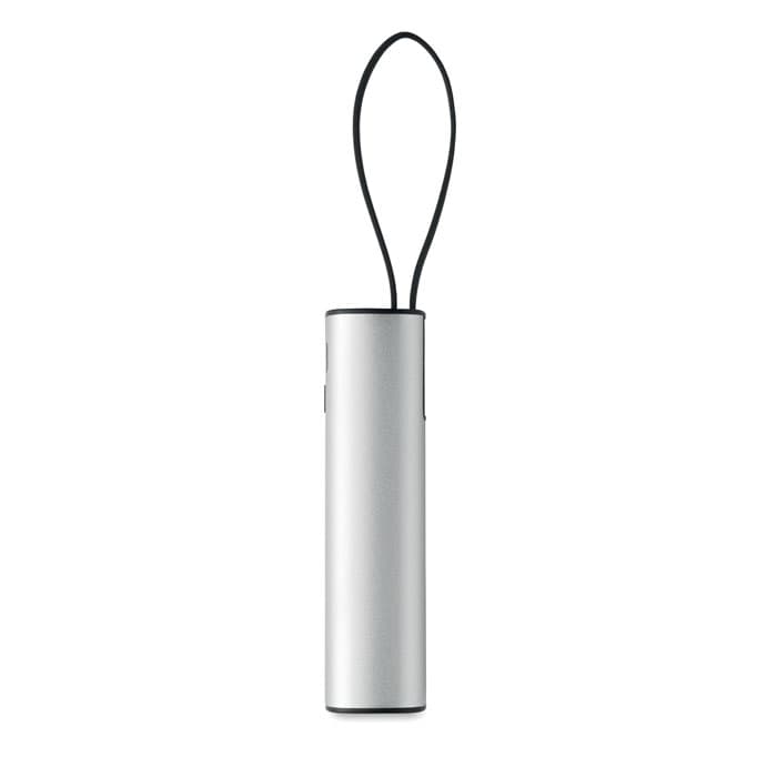 A drink bottle in silver with a black strap, featuring a sleek, cylindrical design. It has a logo on the side.