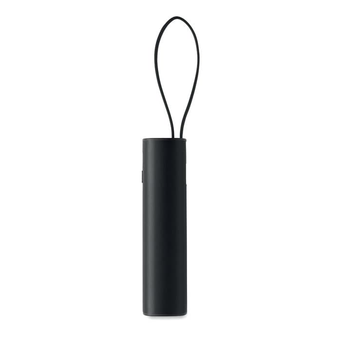A drink bottle in sleek black with a looped carrying strap and a subtle logo on the side.