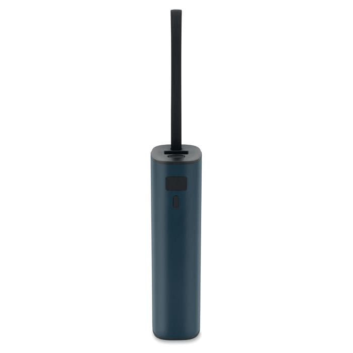 A drink bottle in a sleek dark blue design with a black straw and a logo on the top.