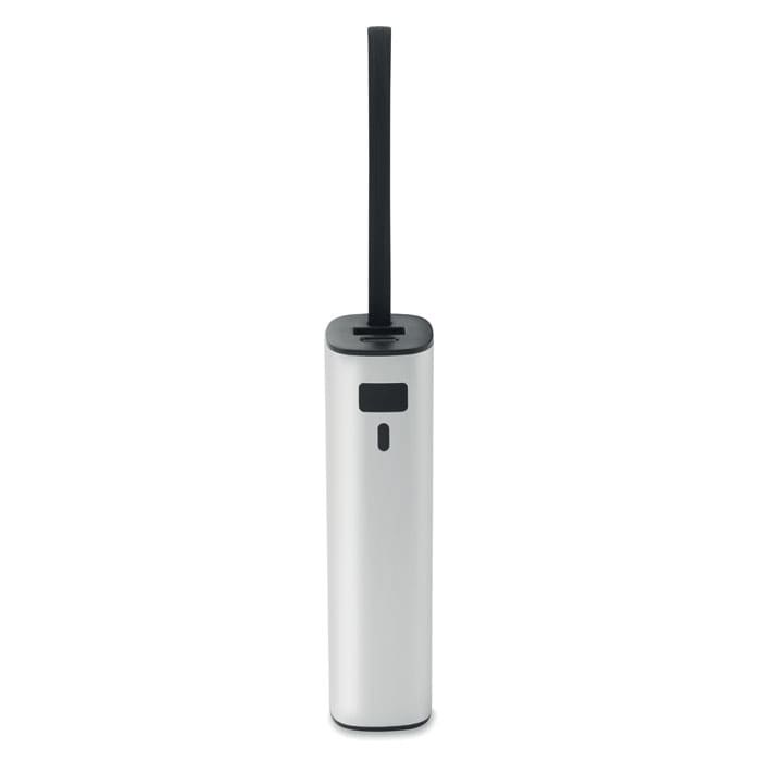 A drink bottle in silver and black, featuring a straw and a button, with a branded logo on its surface.