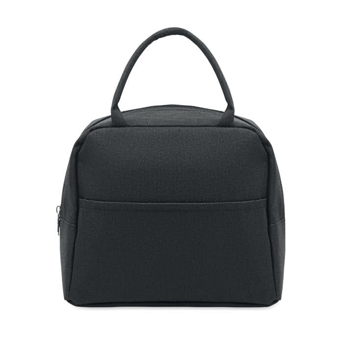 A black insulated lunch bag with a handle and a front pocket. It has a structured shape and a zipper closure.
