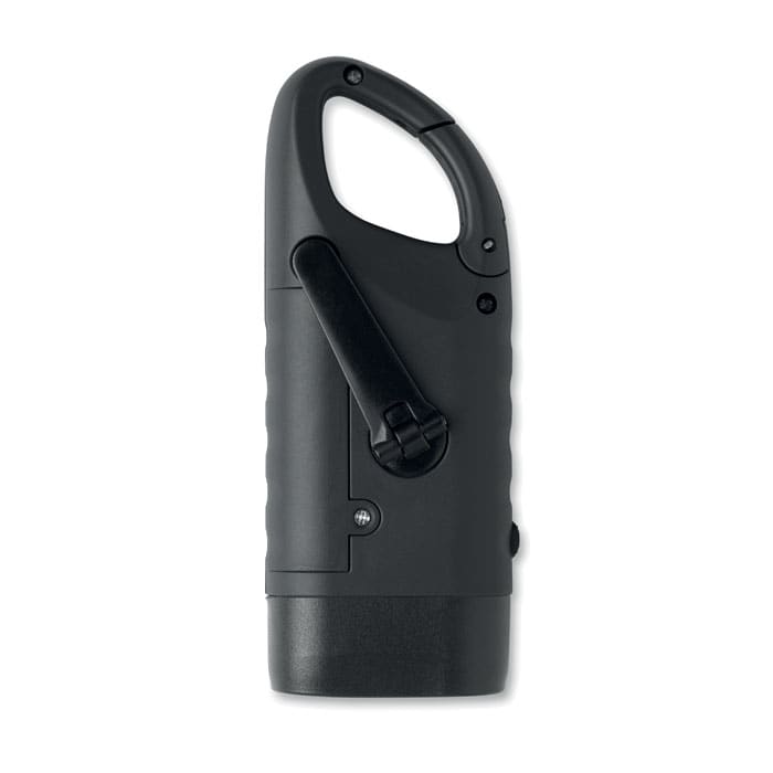 A drink bottle in a sleek black design, featuring a curved handle and a locking mechanism.