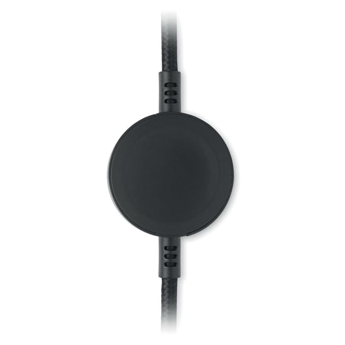A black round control button on a braided cable, with a smooth surface and adjustable features.