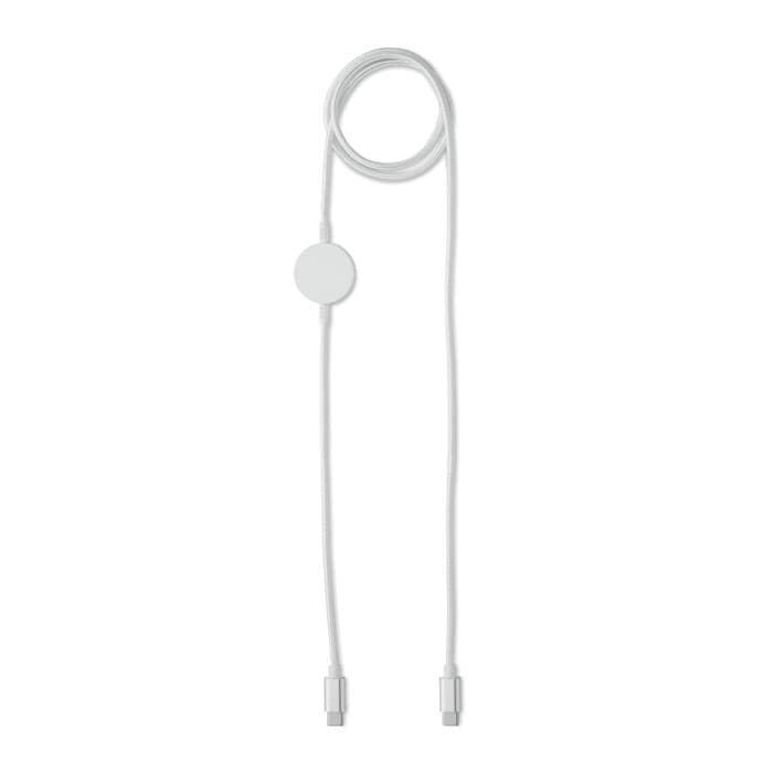 A charging cable in white, featuring a round connector and two ends for connecting devices.