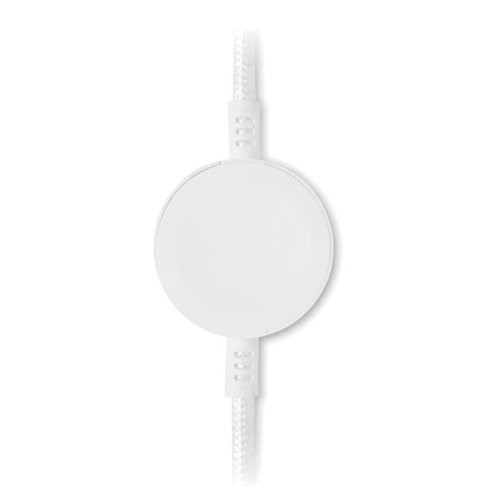 A white magnetic charging cable with a round connector and textured cord. It includes a logo on the connector.