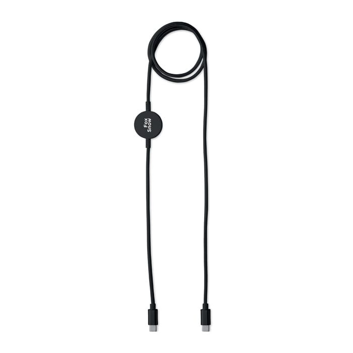 A black charging cable with a round connector and a logo, featuring a long, flexible design.