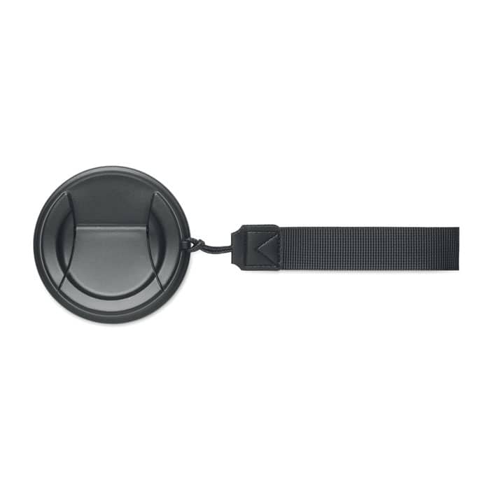 A black drink bottle with a round base and a detachable strap. The bottle features a simple design and has a logo.