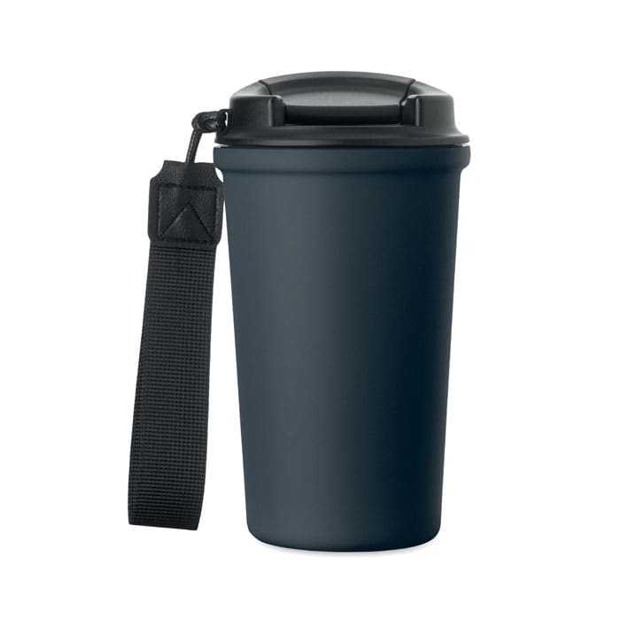 A drink bottle in dark navy blue with a black lid and a strap attached to the side.