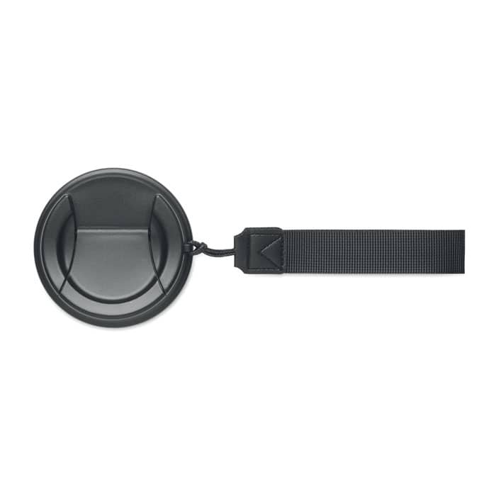 A round black drink bottle with a flat base and a strap attached for easy carrying. Branding is visible.