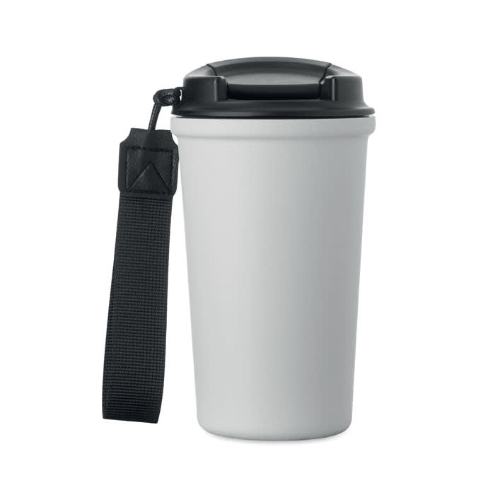 A drink bottle in white with a black lid and strap, featuring a logo on the front.
