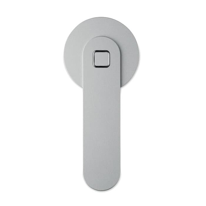 A drink bottle in a sleek silver finish with a rounded cap and central square button design. It features a branding logo.