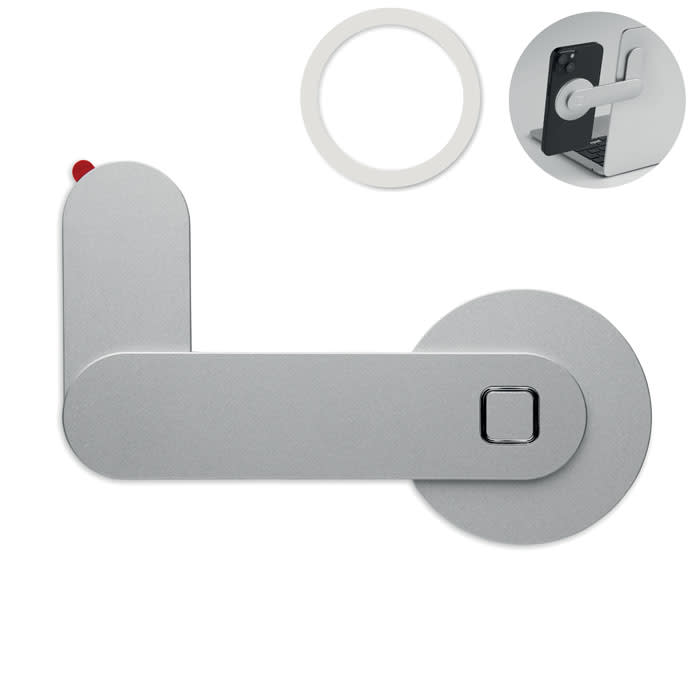 A silver door handle with a circular base and a small red button, accompanied by a circular phone mount.