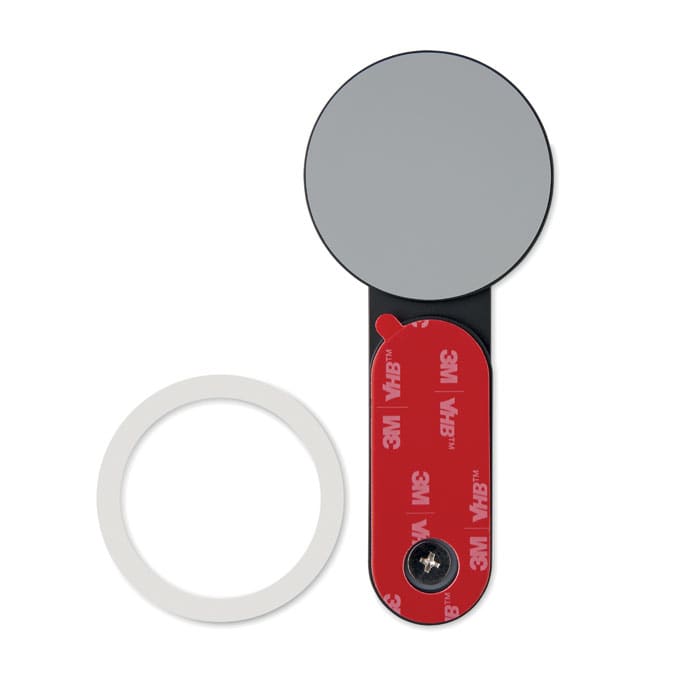 A circular grey surface with a black base and a red adhesive pad, accompanied by a white circular ring.