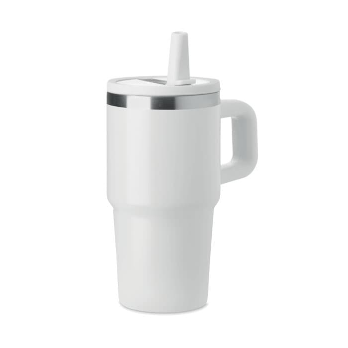 A drink bottle in white with a metallic band and a straw lid, featuring a handle for easy carrying.