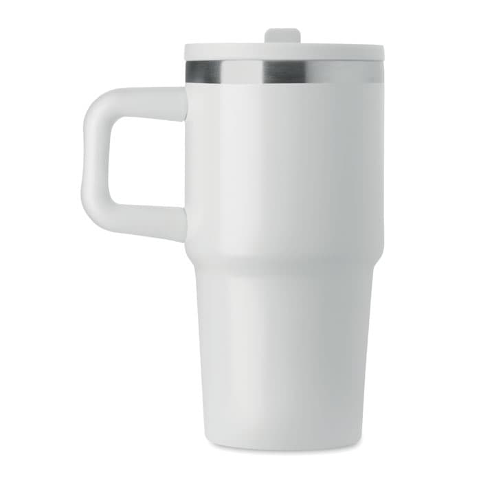 A drink bottle with a white exterior, featuring a stainless steel band and a handle. Includes a lid.