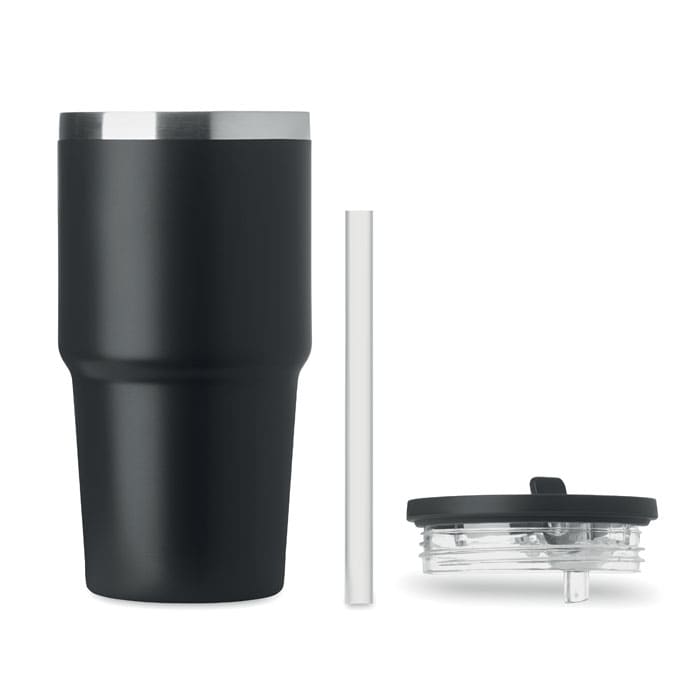 A drink bottle in matte black with a metal lid, clear straw, and removable lid component.