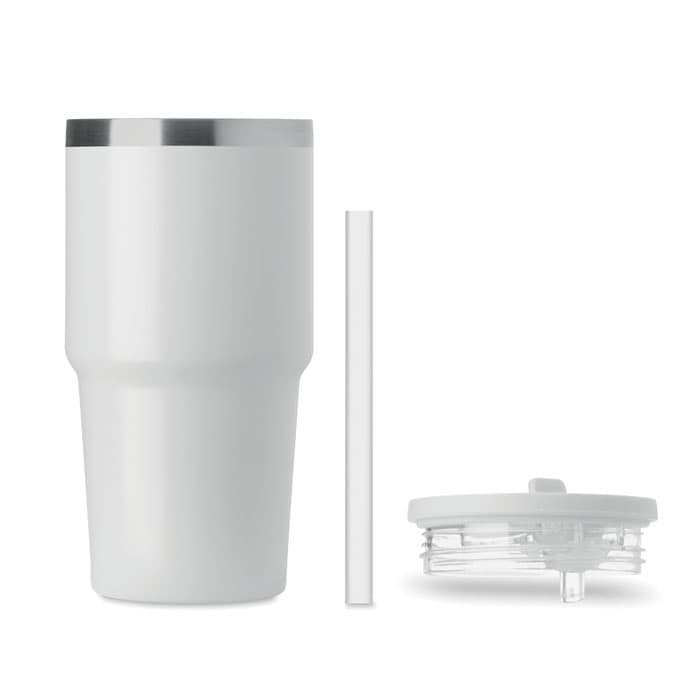 A drink bottle in white with a stainless steel lid, accompanied by a clear straw and a separate lid attachment.