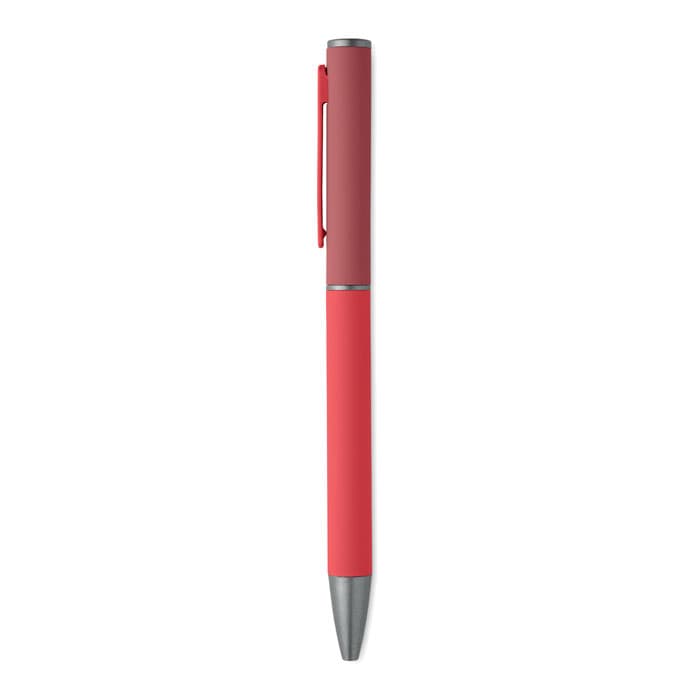 A pen with a red and maroon body, featuring a silver clip and nib. It has a sleek, modern design.