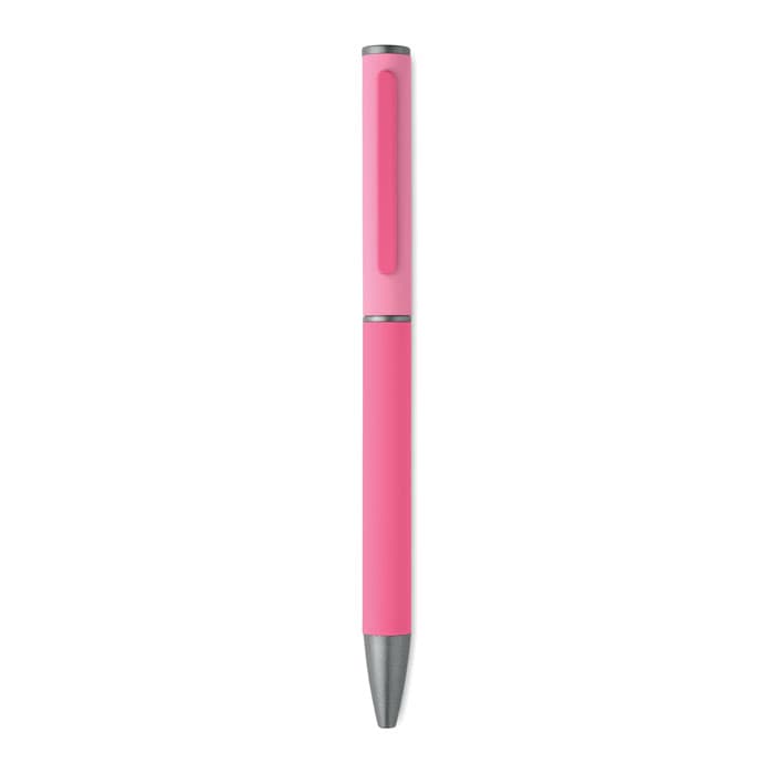 A pink pen with a silver tip and a clip, featuring a smooth, glossy finish.