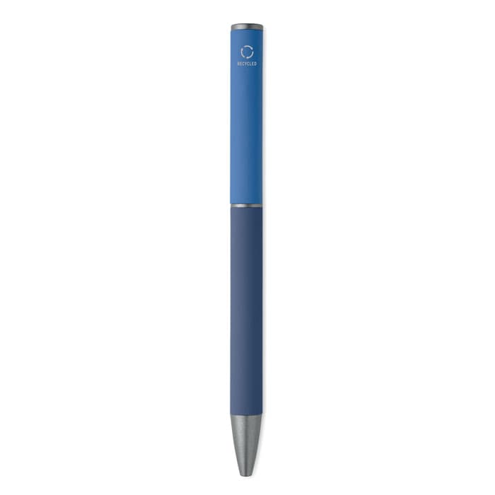 A blue and navy pen with a silver tip and a branding logo on the upper section.