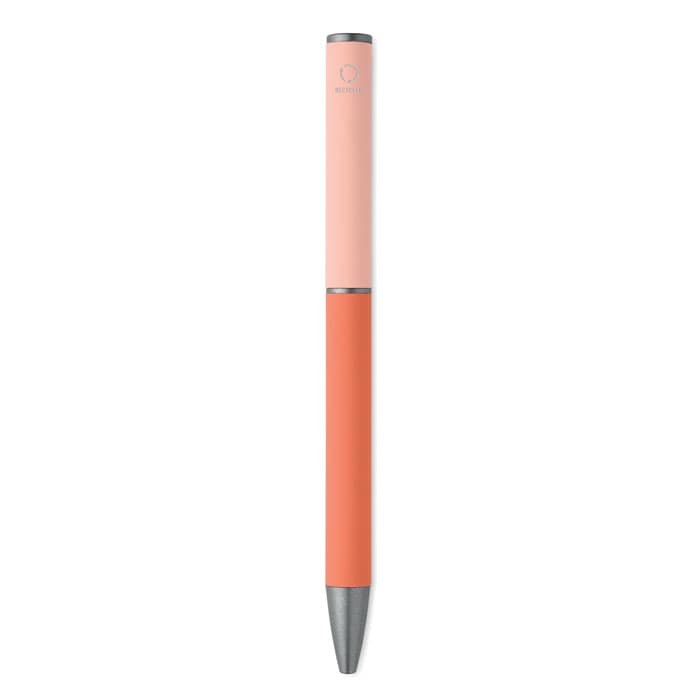 A pen featuring a two-tone design in pink and coral, with a metal tip and branding logo.