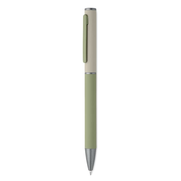 A pen with a cream upper section and a green lower section, featuring a silver clip and tip.