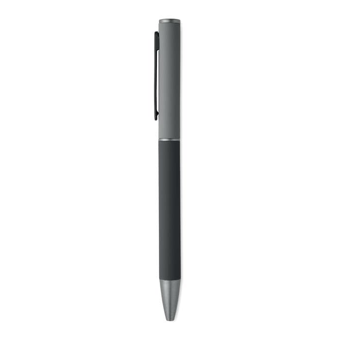 A pen featuring a sleek grey and black design, with a clip for easy attachment.