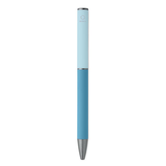 A dual-coloured pen with a light blue upper section and a darker blue lower section, featuring a metal tip and branding.