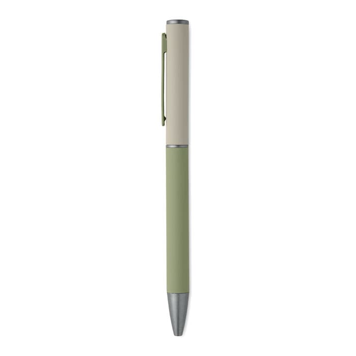 A pen featuring a light cream barrel and a green grip with a silver clip and tip.