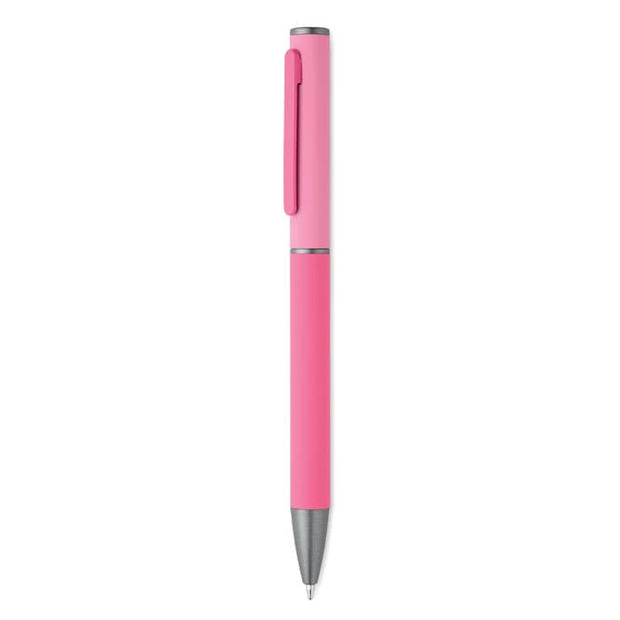 A pink pen with a silver clip and tip, featuring a smooth finish and a sleek design.