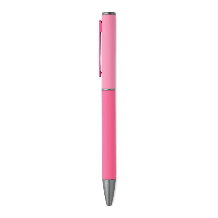 A pink pen with a silver clip and tip, featuring a sleek design. It has a simple branding logo on the barrel.