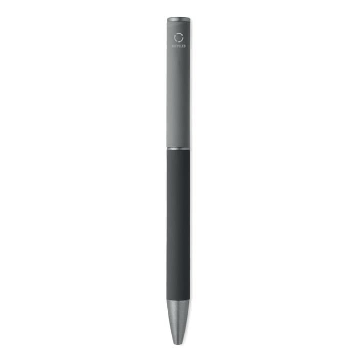 A pen with a sleek grey body and a black grip, featuring a metallic tip and a branding logo.