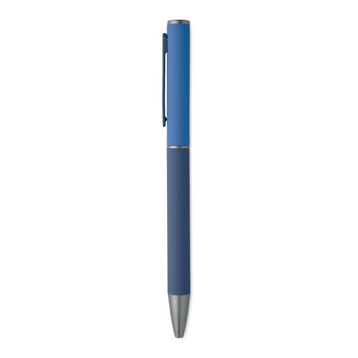 A pen featuring a blue design with a clip and a metallic tip. It has a sleek, modern appearance.