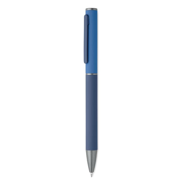 A blue pen with a smooth barrel and a clip, featuring a logo on the side.