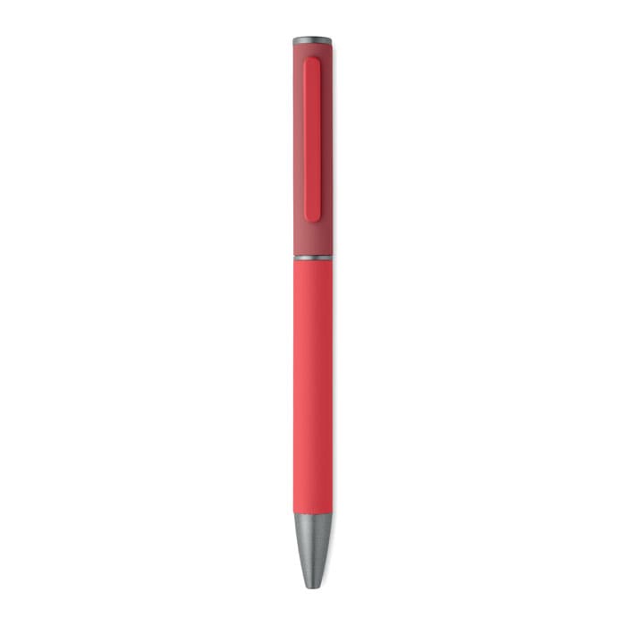A red pen with a grey clip and silver tip, featuring a sleek and modern design.