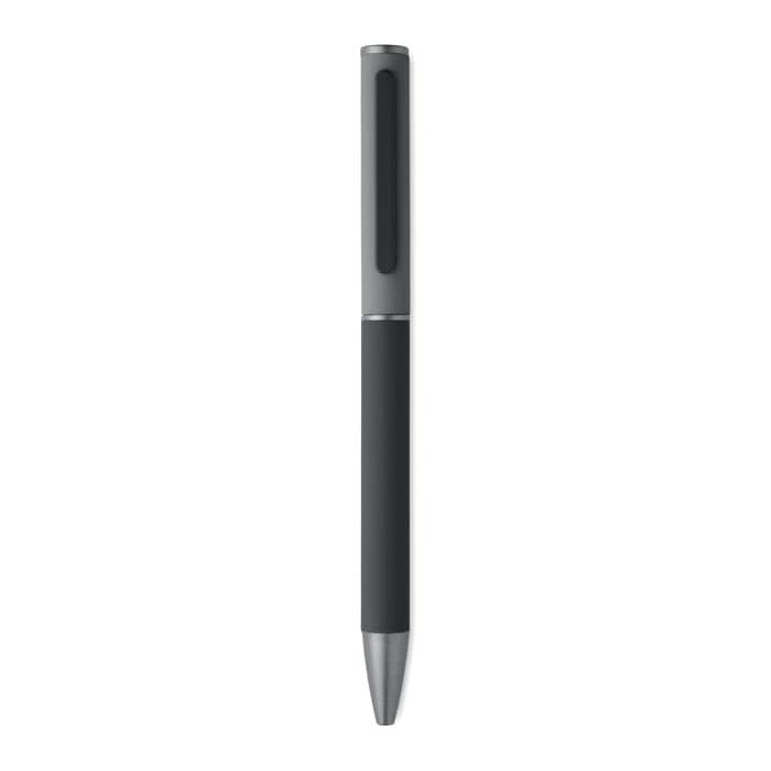 A pen with a sleek black body and silver accents, featuring a smooth, tapered design.
